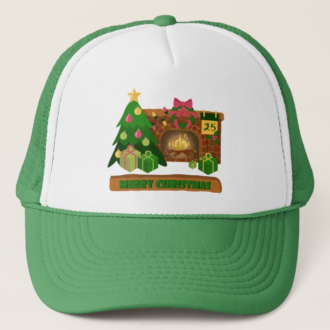 Merry Christmas near fireplace bonfire xmas tree Trucker Hat (Front)