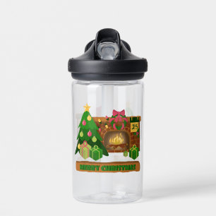 Merry Christmas near fireplace bonfire xmas tree Water Bottle