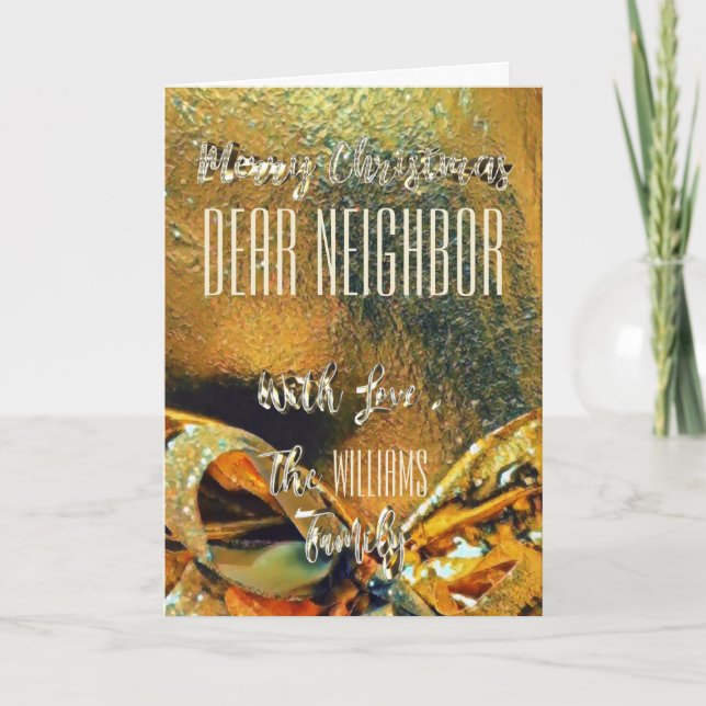 Merry Christmas Neighbour Faux Gold Ribbon Holiday Card (Front)
