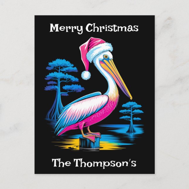 Merry Christmas Neon Pelican Holiday Postcard (Front)