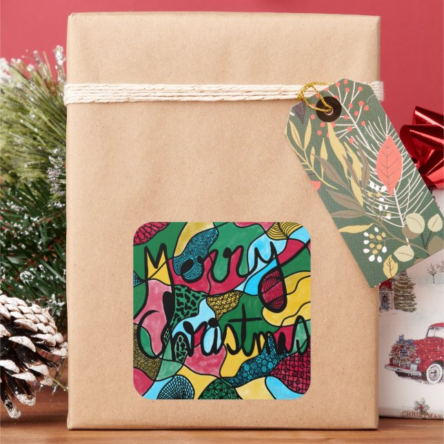 MERRY CHRISTMAS NEUROGRAPHIC & BLACK LINE  SQUARE STICKER (Holiday)