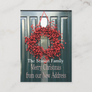 Merry Christmas new address red berry wreath Enclosure Card
