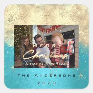 Merry Christmas New Gold Glitter Photo Blue Square Sticker