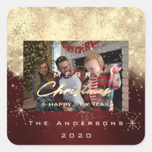 Merry Christmas New Gold Glitter Photo Maroon Square Sticker