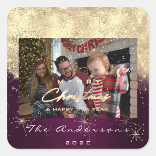 Merry Christmas New Gold Glitter Photo Plum Spark Square Sticker
