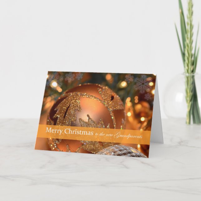 Merry Christmas New Grandparents Gold Ornament Holiday Card (Front)