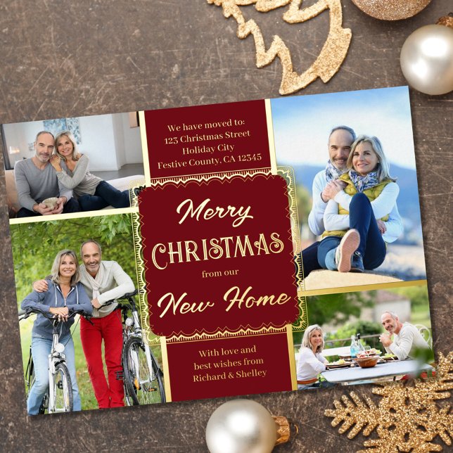 Merry Christmas New Home 4 Photo Red and Gold Foil Holiday Card (Creator Uploaded)