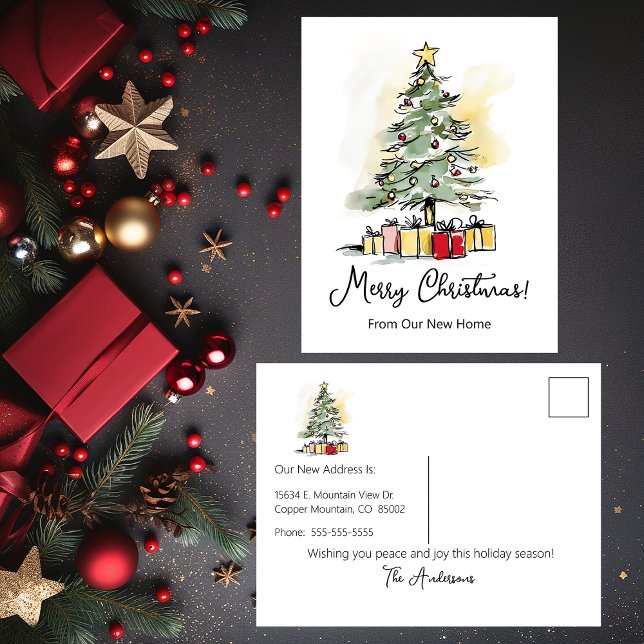 Merry Christmas New Home Modern Christmas Tree Announcement Postcard (Creator Uploaded)