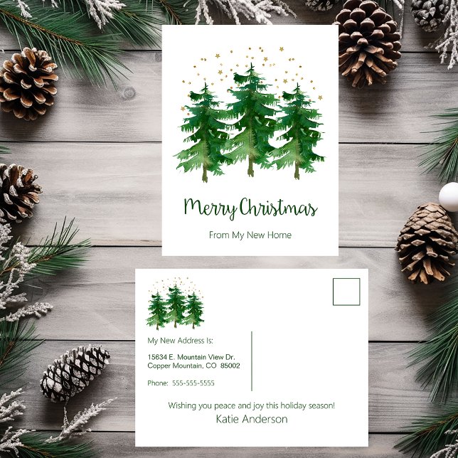 Merry Christmas New Home Pine Trees Announcement Postcard (Creator Uploaded)