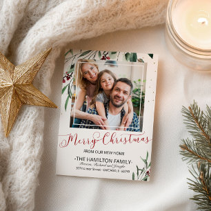 Merry Christmas New Home Red Calligraphy Moving   Holiday Postcard