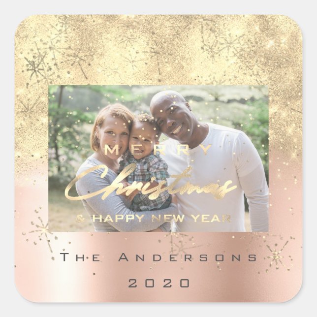 Merry Christmas New Sepia Gold Glitter Photo Blush Square Sticker (Front)