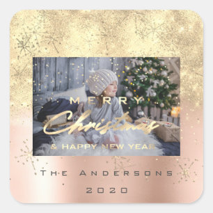 Merry Christmas New Sepia Gold Glitter Photo Spark Square Sticker