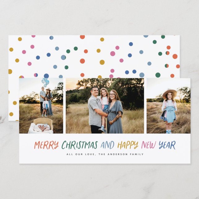 Merry Christmas New Year Colourful 3 Photo Collage Holiday Card (Front/Back)