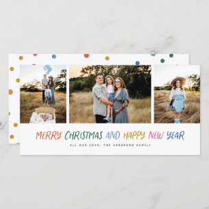 Merry Christmas New Year Colourful 3 Photo Collage Holiday Card