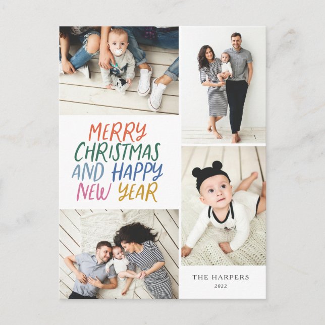 Merry Christmas New Year Colourful 4 Photo Collage Holiday Postcard (Front)