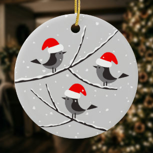 Merry Christmas New Year Cute Birds Santa Hat Ceramic Tree Decoration
