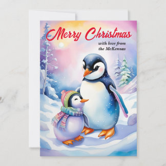 Merry Christmas New Year Cute Watercolor Penguins  Holiday Card