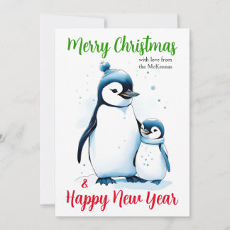 Merry Christmas New Year Cute Watercolor Penguins  Holiday Card
