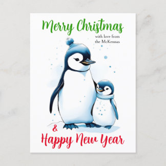Merry Christmas New Year Cute Watercolor Penguins  Holiday Postcard