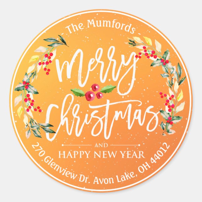 Merry Christmas New Year Floral Red Berry Address Classic Round Sticker (Front)