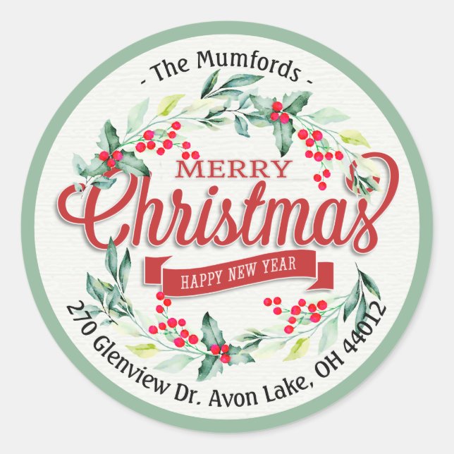 Merry Christmas New Year Floral Red Berry Address Classic Round Sticker (Front)