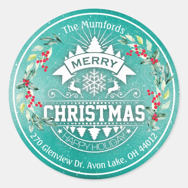 Merry Christmas New Year Floral Red Berry Address Classic Round Sticker (Front)