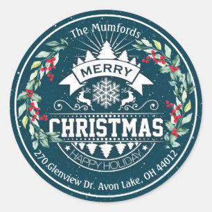 Merry Christmas New Year Floral Red Berry Address Classic Round Sticker