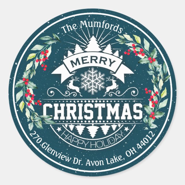 Merry Christmas New Year Floral Red Berry Address Classic Round Sticker (Front)