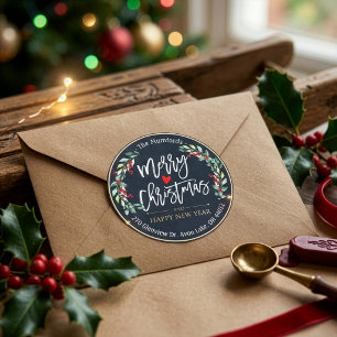 Merry Christmas New Year Floral Red Berry Address Classic Round Sticker