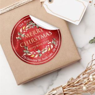 Merry Christmas New Year Floral Red Berry Address Classic Round Sticker