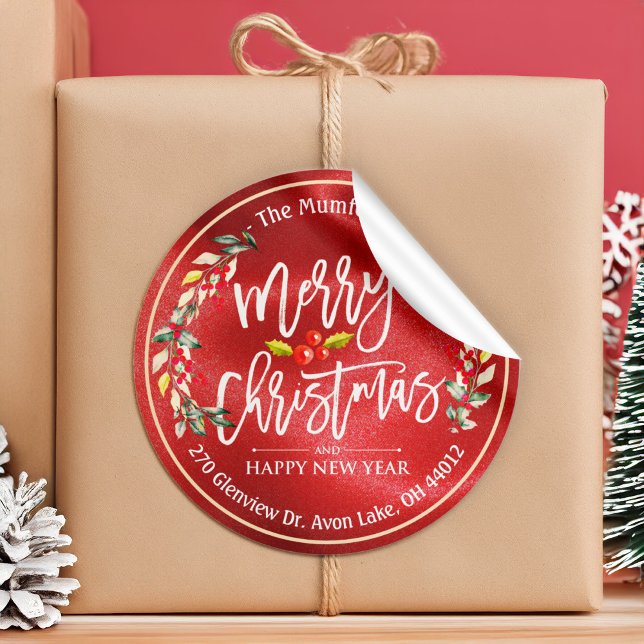 Merry Christmas New Year Floral Red Berry Address Classic Round Sticker (Creator Uploaded)