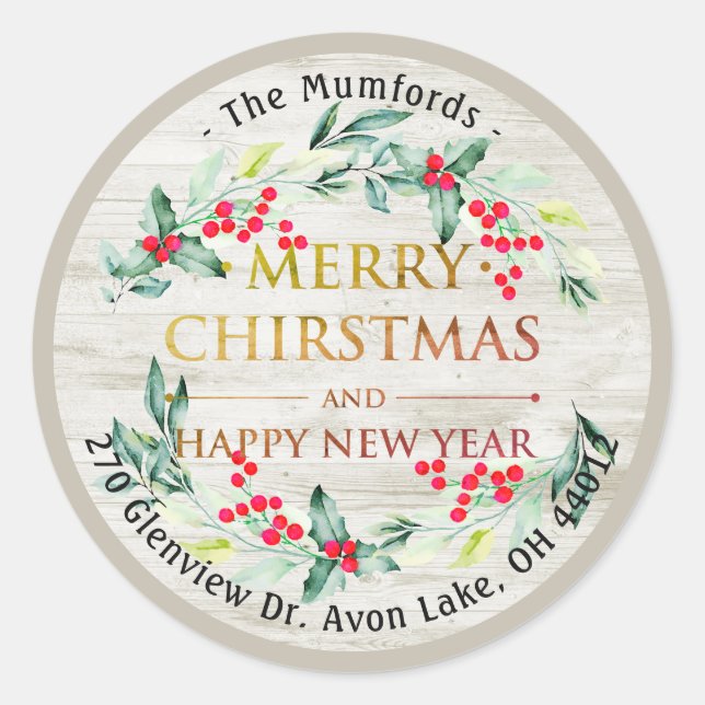 Merry Christmas New Year Floral Red Berry Address Classic Round Sticker (Front)