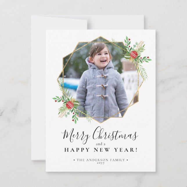 Merry Christmas New Year Gold Geometric Photo Holiday Card (Front)