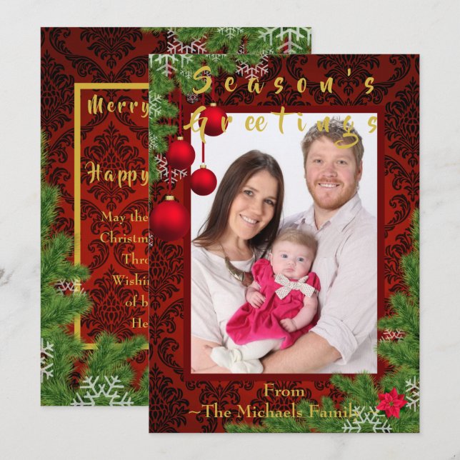 Merry Christmas New Year Greetings Photo Damask Holiday Card (Front/Back)