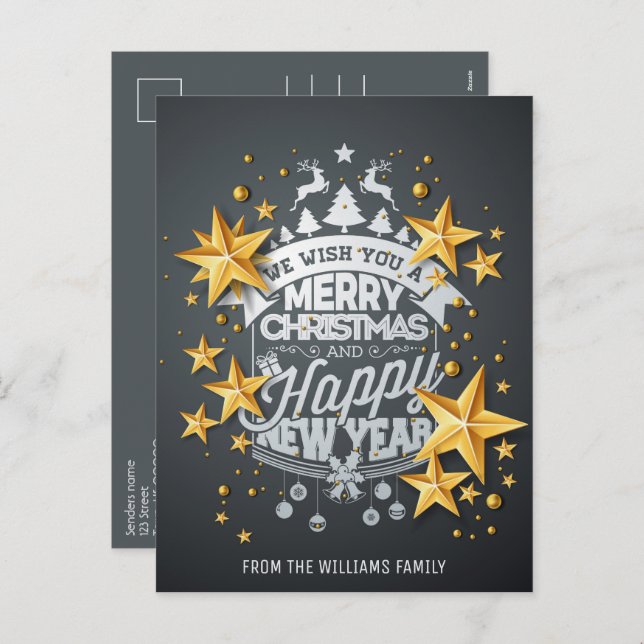 Merry Christmas New Year Photo Wishes Gold Stars Holiday Postcard (Front/Back)