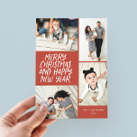Merry Christmas New Year Red 4 Photo Collage Holid Holiday Card<br><div class="desc">This stylish and festive 4-Photo holiday card features handwritten style greeting in bright colours and a photo collage showcasing your photos. The back side features a floating dot pattern with matching colours. Turn the photos that you love into a personalised holiday card this year. Quick and To customise even further,...</div>
