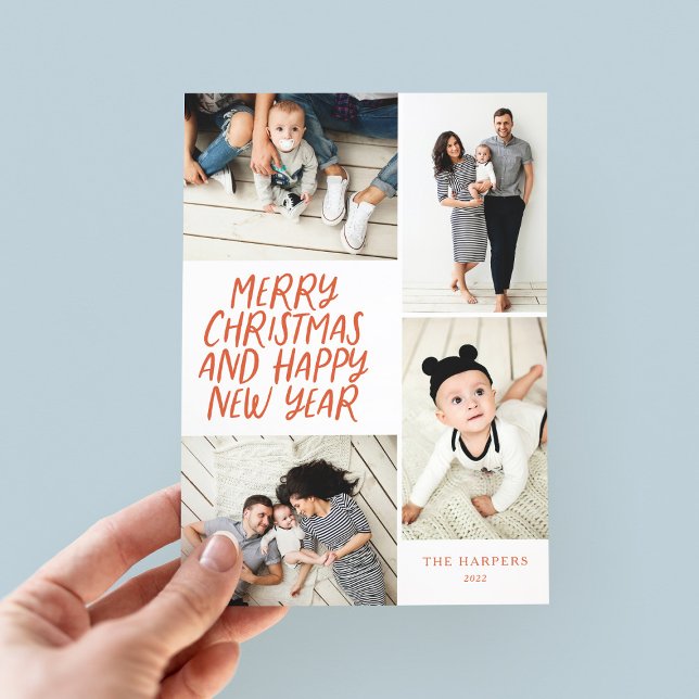 Merry Christmas New Year Red 4 Photo Collage Holiday Card (Creator Uploaded)