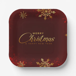 Merry Christmas New Year Red Gold Script Winter Paper Plate
