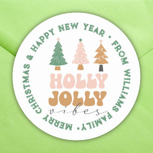 Merry christmas & new year retro green typography classic round sticker
