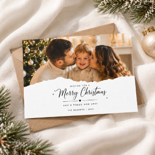 Merry Christmas New Year Script Torn Edge Photo Holiday Card