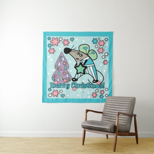 Merry Christmas New Year Symbol Mouse Cartoon cute Tapestry (In Situ)