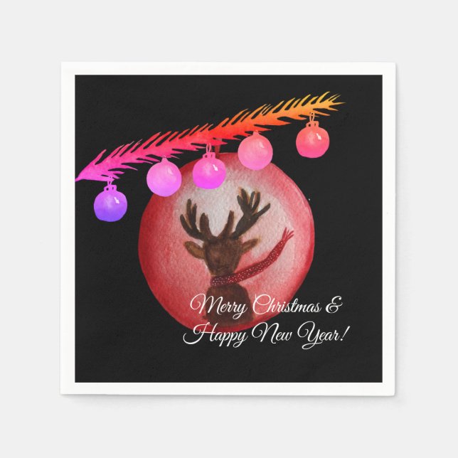 Merry Christmas, New Year watercolor deer Napkins (Front)