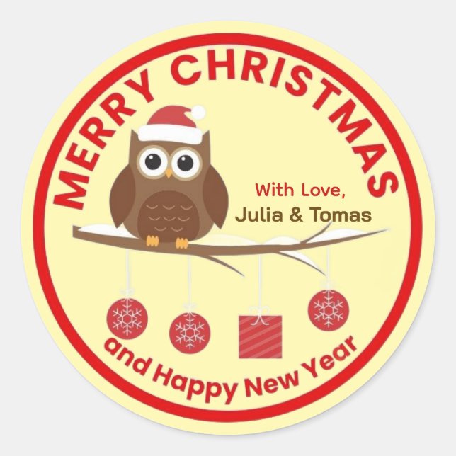 Merry Christmas & New Year Winter Cute Owl Name  C Classic Round Sticker (Front)
