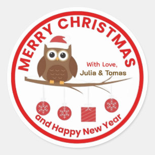 Merry Christmas & New Year Winter Cute Owl Name  Classic Round Sticker