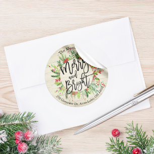 Merry Christmas New Year Wish Holly Wreath Address Classic Round Sticker