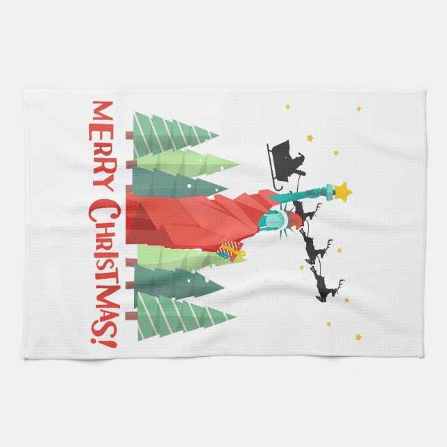 Merry Christmas New York Santa Claus Statue Of Lib Tea Towel (Horizontal)
