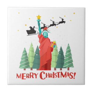 Merry Christmas New York Santa Claus Statue Of Lib Tile