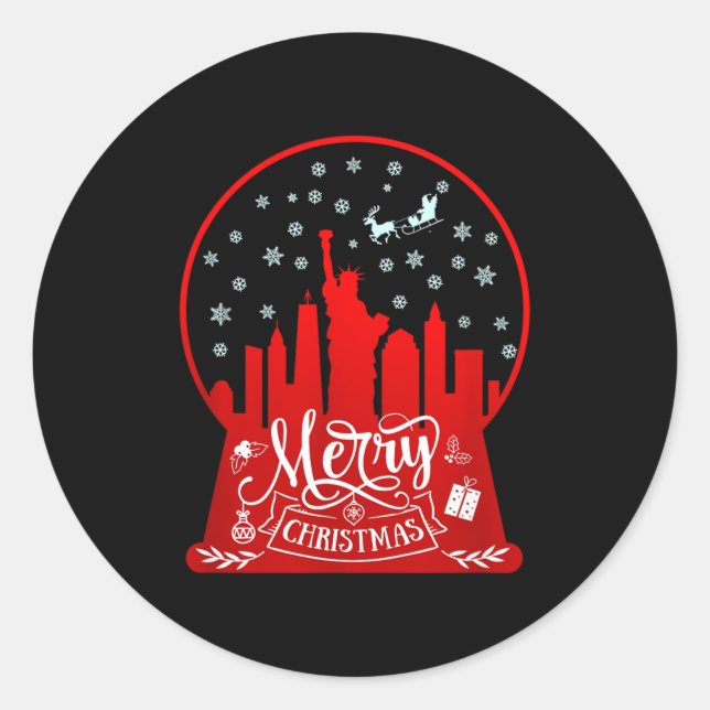 Merry Christmas New York Skyline In Snow Globe Sno Classic Round Sticker (Front)