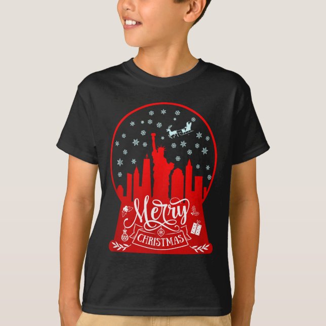 Merry Christmas New York Skyline In Snow Globe Sno T-Shirt (Front)