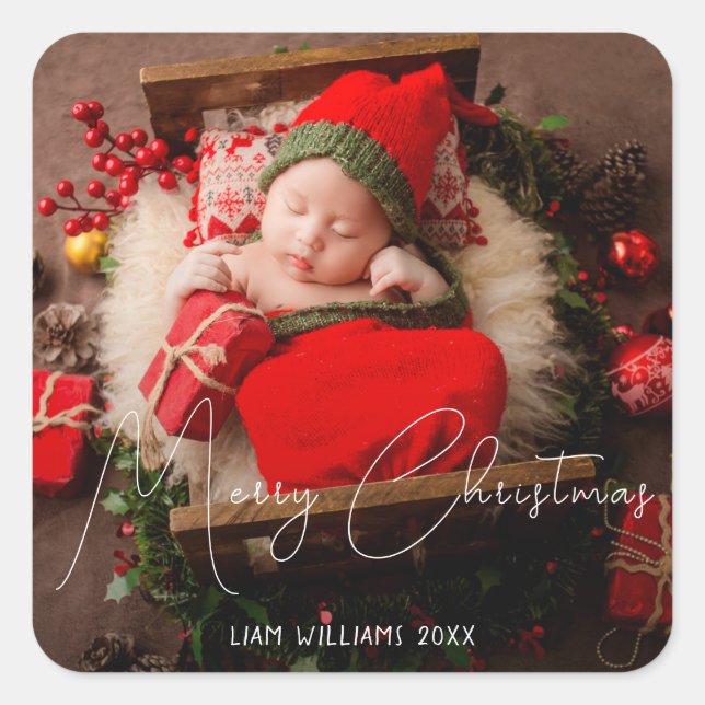 Merry Christmas newborn baby decorative white text Square Sticker (Front)